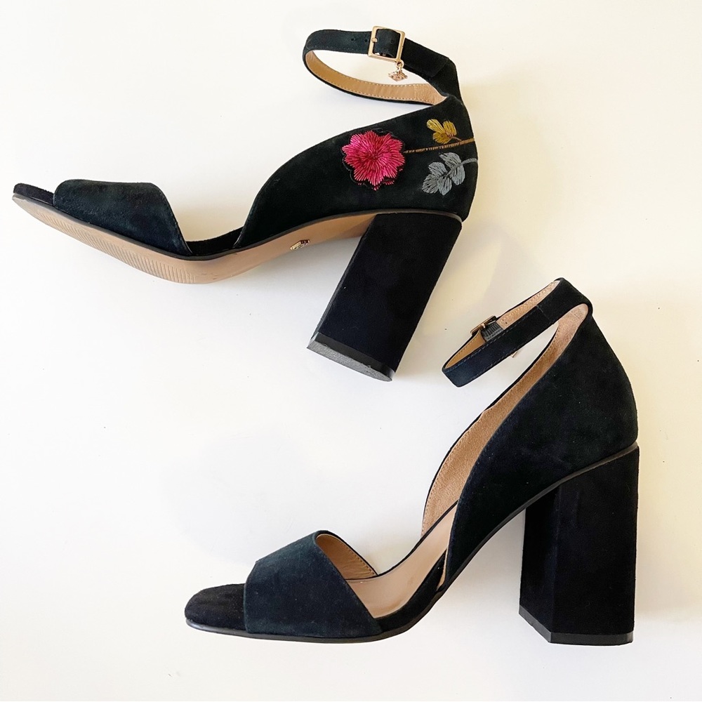 Nanette Lepore Martina Suede Block Sandal Embroidered Ankle Strap Sandal - Picture 9 of 14